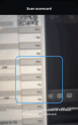 Scanning the QR code on a scorecard, then the F3XVault self-entry page opening inside the app with its minute, second and tenth boxes filled in