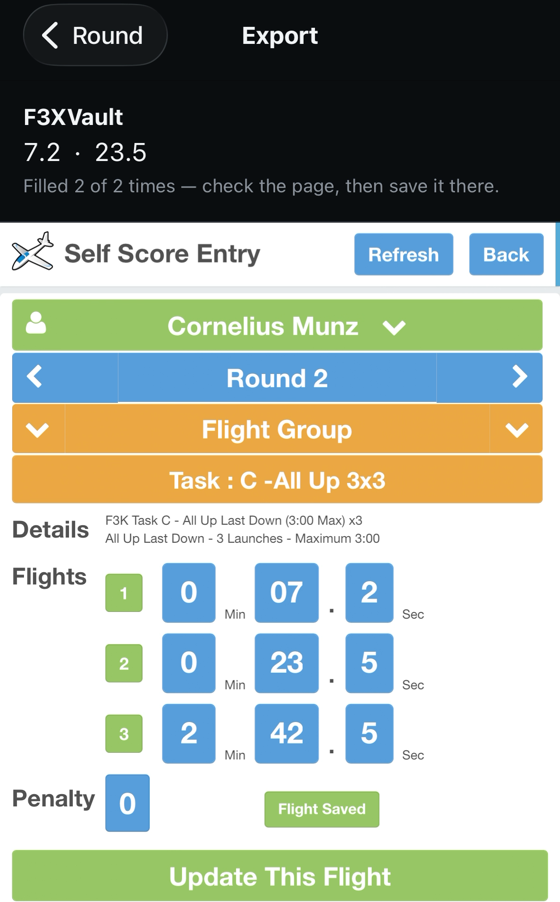 The F3XVault self-entry page inside the app, three flights filled into separate minute, second and tenth boxes