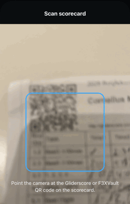 Scanning the QR code on a printed scorecard, then the Gliderscore entry page opening inside the app with its time fields filled in