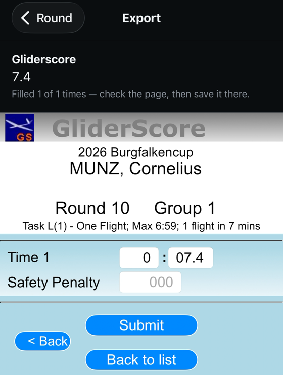 The Gliderscore entry page inside the app, a time filled as minutes and a combined seconds field