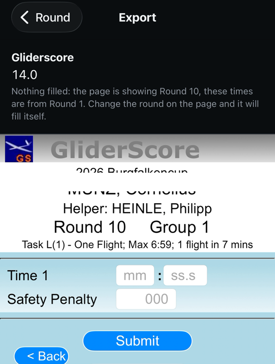 The app refusing to fill: a message saying the page is showing round 10 while these times are from round 1, and to change the round on the page