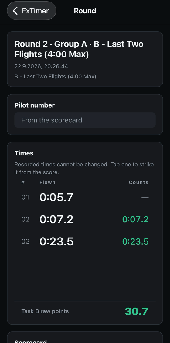 A saved round showing its times, which of them count, the raw score, and the scorecard section for entering them