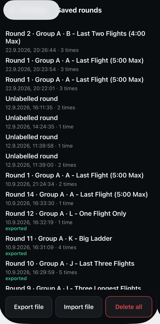 The saved rounds list, each entry showing its round, group, task, date and number of times, with export, import and delete