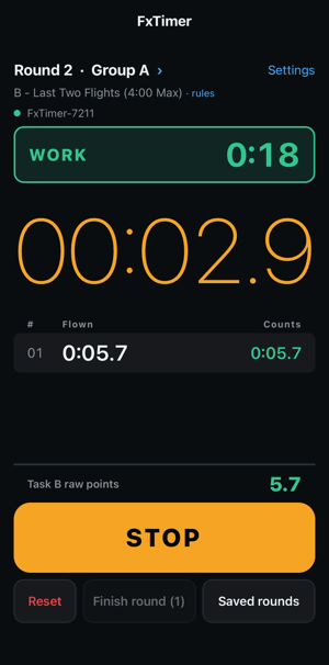 A flight being timed: the stopwatch running, then stopped, and the time appearing in the list with the round's score updating